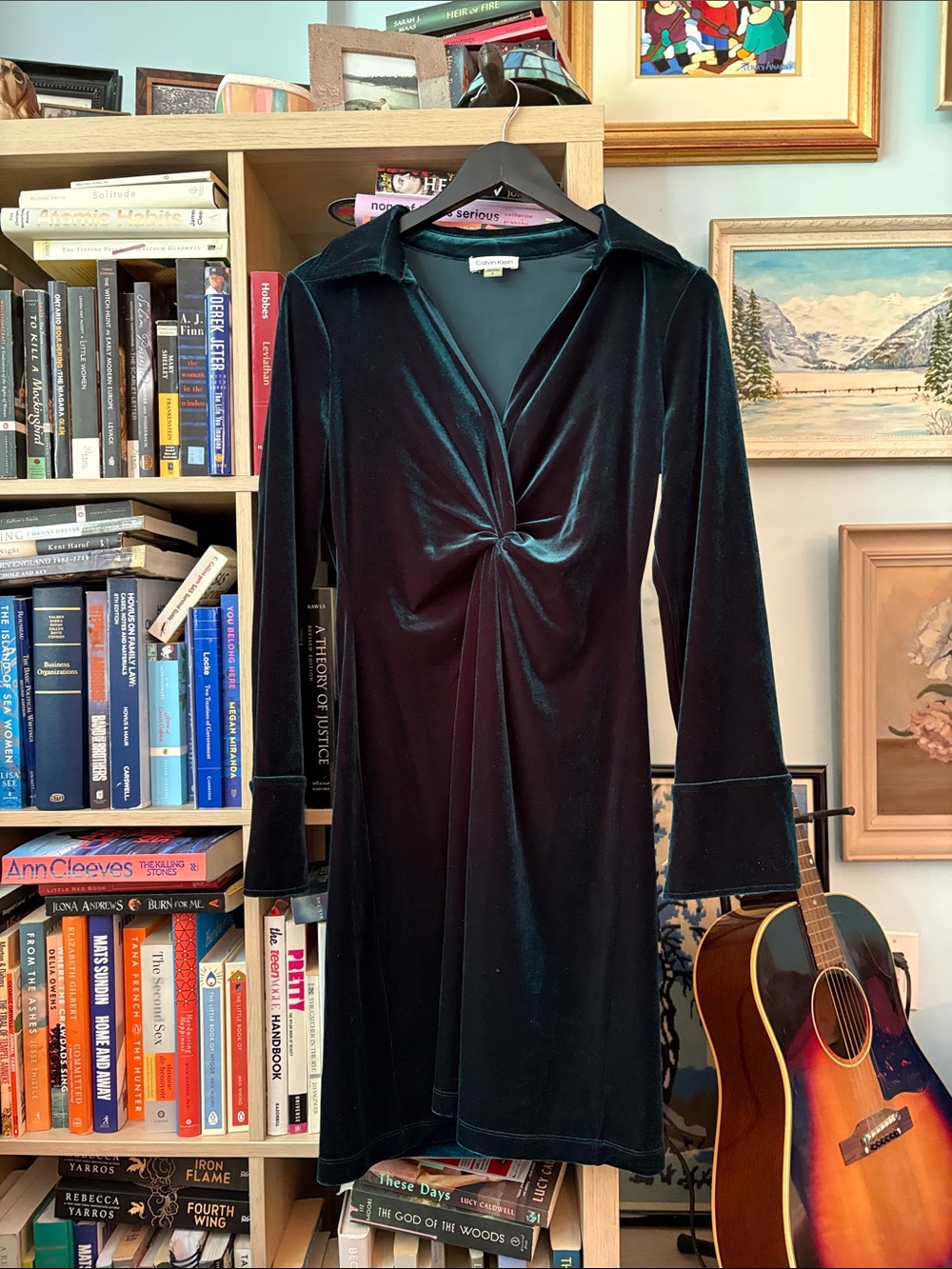 Calvin Klein Green Velvet Twist-Front Long Sleeve Dress